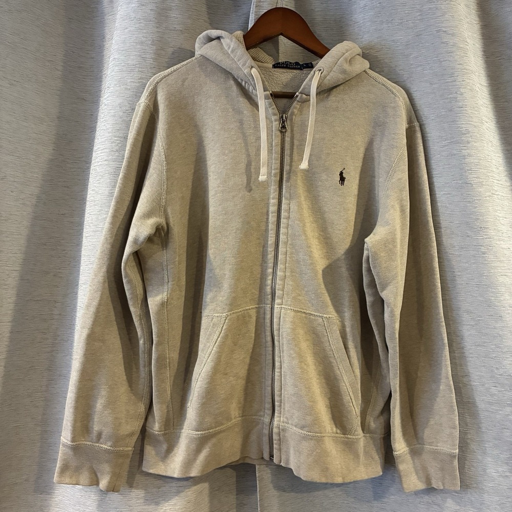 Vintage Polo Ralph Lauren Green Hoodie Full Zip Sweater, Beige Pony - Size Large